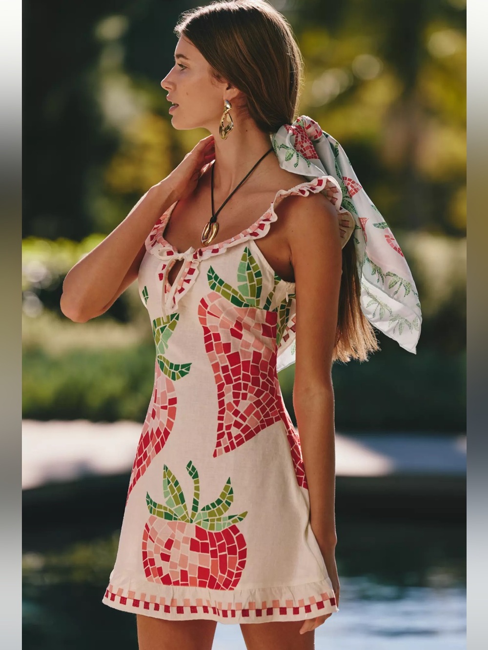 Anthropologie Celandine Linen Blend Mosaic Strawberry Sindress